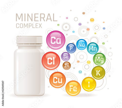 Multi mineral vitamin complex supplement. 3d mockup with empty bottle minerals. Calcium iron zinc selenium iodine magnesium. Trendy health multivitamin complex poster. Icon isolated white background