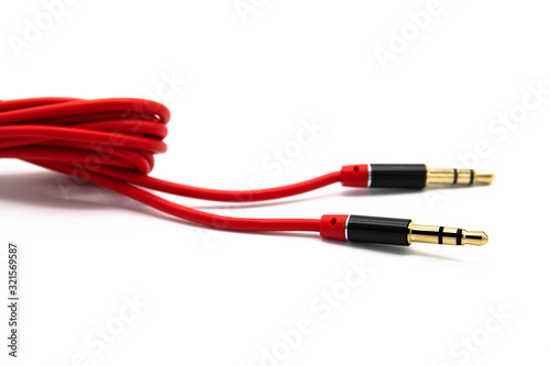 Red audio cable aux isolated on white background