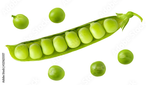 Fresh ripe green pea open pod with seeds isolated on white background