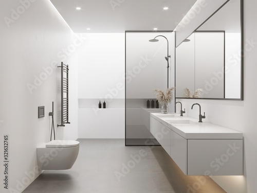 3d rendering of a white minimal contemporary bathroom with shower and skywindow