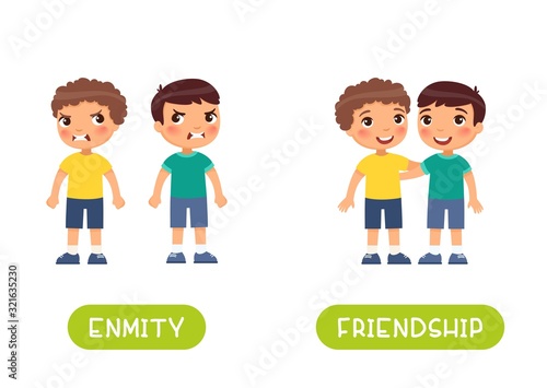 Two little boys quarrel and friends illustration with typography. Friendship and enmity antonyms flashcard vector template. Word card for english language learning with flat characters. 