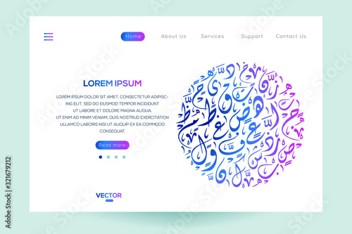  Creative Modern Website template design ,Contain Random Arabic calligraphy Letters Without specific meaning in English ,Vector illustration.