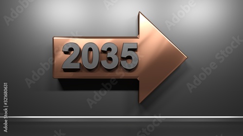 2035 copper arrow at satin black wall - 3D rendering illustration