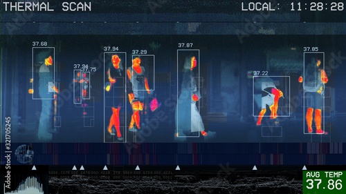 3D illustration of international passengers infrared thermal scan imaging camera on immigration and entry after landing. conceptual security and medica health diagnosis quarantine precaution measuring