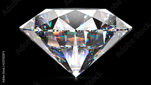 Sparkling light round brilliant cut diamond with shadow. 3D rendering illustration isolated on black background.