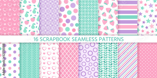 Scrapbook background, seamless pattern. Vector. Cute paper for scrap design. Chic print with heart, polka dot, stripe, fruit, check, star. Trendy modern texture. Color illustration. Geometric backdrop