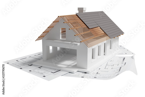 front view of 3D Render house with gray roof in construction build on blueprints on isolated white background