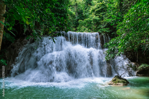 Huai Mae Khamin Waterfall level 3, Khuean Srinagarindra National Park, Kanchanaburi, Thailand; high shutter speed, freeze, no motion