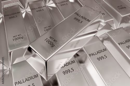 Single palladium ingot on stacked rows of shiny palladium ingots or bars background - precious metal or money investment concept