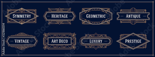 Art deco style line border and frames, decorative geometric golden label vector graphic elements on a dark background