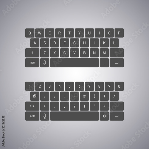 QWERTY keyboard full set. Keyboard for tablet phones. Modern style. Vector illustration.