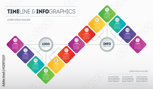 Presentation or infographics with 13 steps. Template of Info graphic for technological or education process with Thirteen options. Annual report. Gradual development of business.