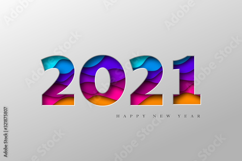 2021 New Year banner. Paper cut numbers with 3d bright colors wavy shapes. Minimal cover design. Template for Christmas flyers, greeting cards, brochures. Vector.