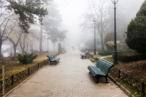 Empty park street during the foggy morning in Tbilisi, Gerogia