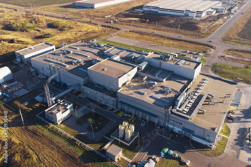 Warehouse storage or industrial factory or logistics center from above, aerial view.