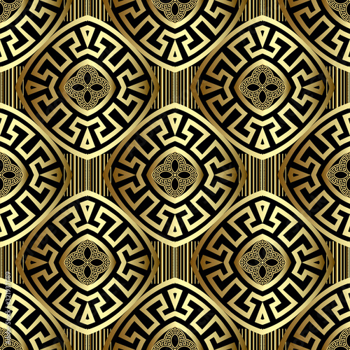 Gold 3d greek vector seamless pattern. Repeat tribal striped background. Greek key meanders ethnic style floral ornaments. Geometric ornate modern design. Abstract flowers, stripes, lines, shapes
