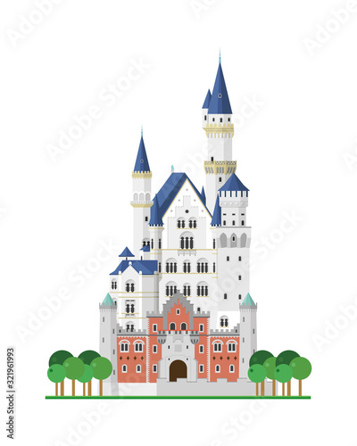 Neuschwanstein Castle (Bavaria, Germany). Isolated on white background vector illustration.