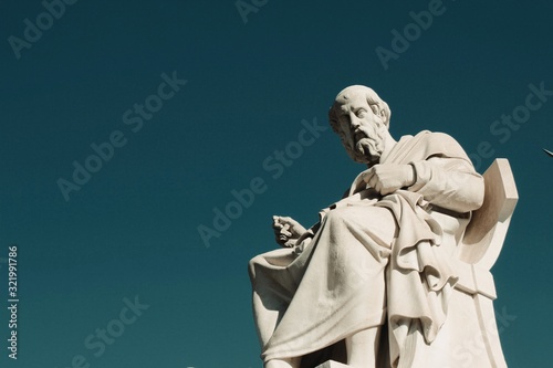 Statue of the ancient Greek philosopher Plato in Athens, Greece. 