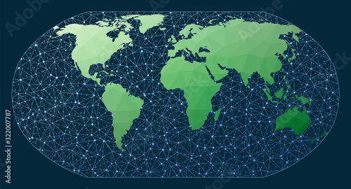 Abstract telecommunication world map. Robinson projection. Green low poly world map with network background. Classy connections map for infographics or presentation. Vector illustration.