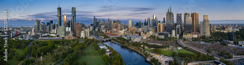 Dawn aerial panoramic view of the beautiful Melbourne city skyline