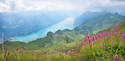view from Rothorn mountain to the valley and lake Brienzersee, swiss alps in autumn