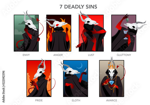 Seven deadly sins set. Christian bible character. Anger, envy, lust