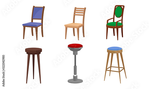 Wooden Chairs and Bar Stools of Different Color Vector Set