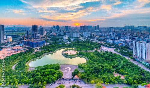 Hanoi skyline cityscape at twilight period. Cau Giay park, west of Hanoi