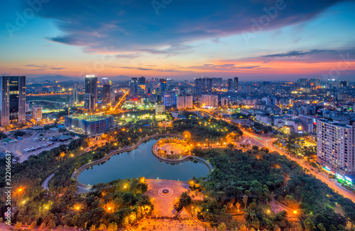 Hanoi skyline cityscape at twilight period. Cau Giay park, west of Hanoi