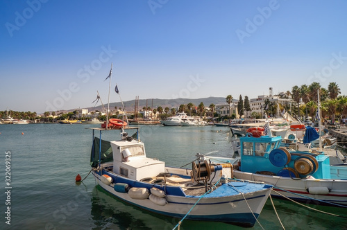 View of Kos harbor quay on sunny day