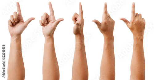 Group of Male Asian hand gestures isolated over the white background. Pointing Visual Touch Action.