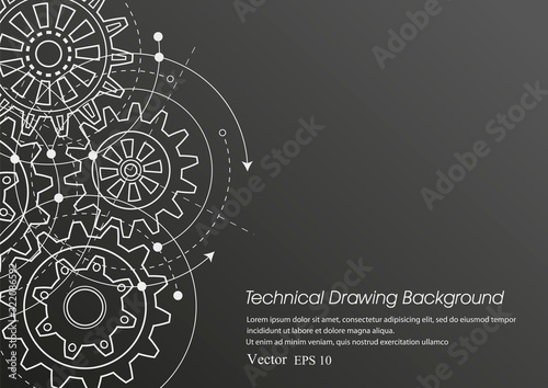 Technical drawing of gears on a black background.Engineering Technology Project. Industrial mechanics Vector illustration.