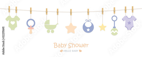 baby shower welcome greeting card for childbirth with hanging utensils vector illustration EPS10