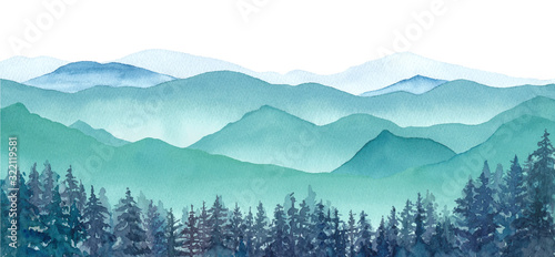 霧の山々と針葉樹林の風景、水彩イラスト（ベクター。レイアウト変更不可）