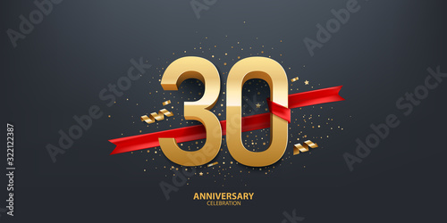 30th Year anniversary celebration background. 3D Golden number wrapped with red ribbon and confetti on black background.