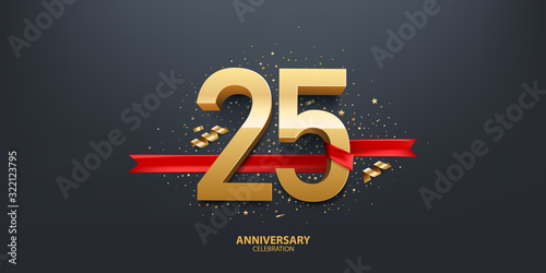 25th Year anniversary celebration background. 3D Golden number wrapped with red ribbon and confetti on black background.