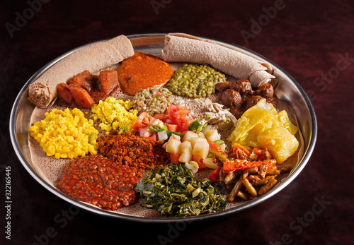 Ethiopian Vegetarian Platter with Injera Bread