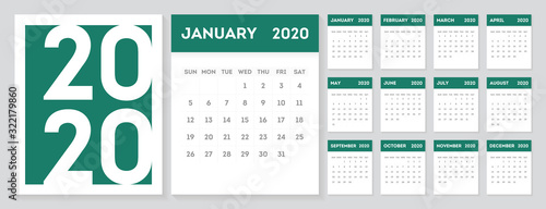 2020 Gregorian calendar design template. Set of 12 months calendar in a minimalist style.