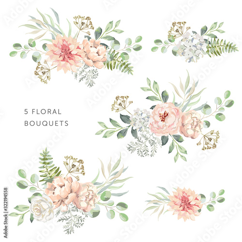 Blush dahlia, roses, peonies with green leaves bouquets, white background. Set of the bridal floral arrangements. Vector illustration. Romantic garden flowers. Wedding design clip art