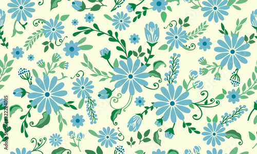 Seamless Motif of spring floral background, with leaf and flower drawing.