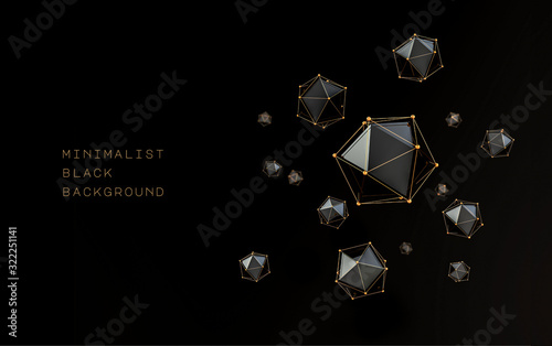 Minimalist black and gold abstract geometric polyhedron background. Dark theme 3d rendering pattern