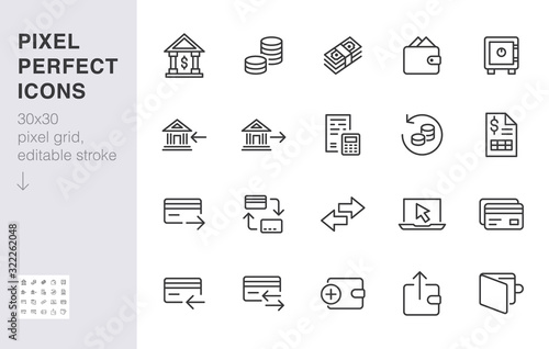 Finance line icon set. Money transfer, bank account, credit card payment cash back minimal vector illustration. Simple outline sign for online banking application. 30x30 Pixel Perfect Editable Stroke