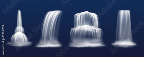 Set of isolated realistic vector cascade waterfall isolated on transparent background. Mountain fall of water, park stream or liquid drop. Victoria and niagara. Scenery and landscape, nature theme