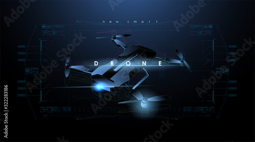 Drone or quadcopter with camera. Digital entertainment flight drone, aerial photo surveillance copter. Creative template with HUD futuristic elements.