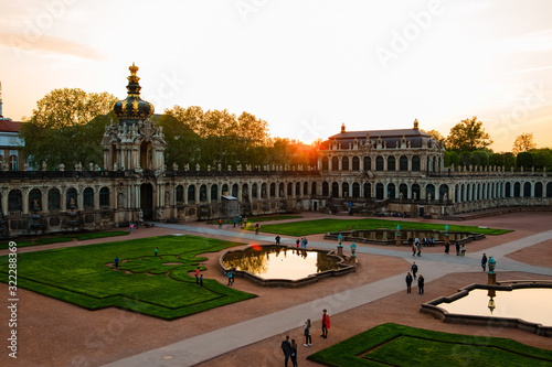 DRESDEN, GERMANY - MAY 1, 2019: The garden of Zwinger on the sunset