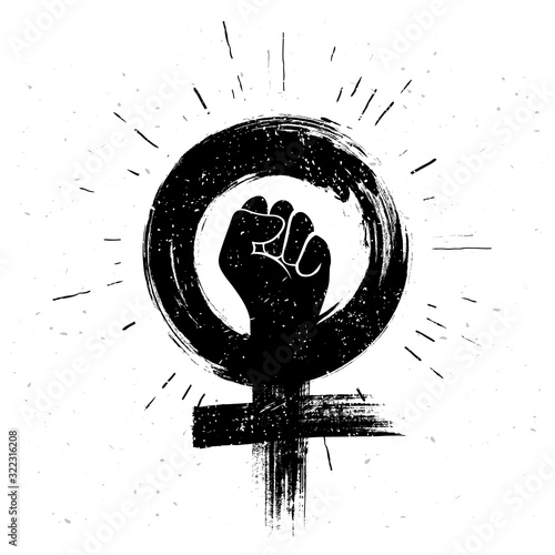 Vector illustration women resist symbol. Raised fist icon. Female gender and feminism logo design.