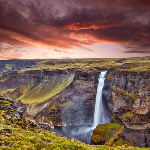 Amazing panoramic view of Haifoss waterfall on the Fossa river near the volcano Hekla, the second highest waterfall in Iceland, 122 meters high, Scandinavia, Europe. Travel concept background..