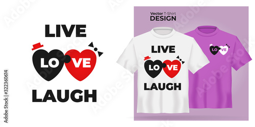 Vector t-shirt mock up set with hearts print. 3d realistic shirt template. Pink and white boy and girl tee mockup, front view design, puzzle heart pattern with text Live, Love, Laugh