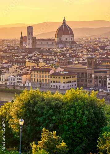 An aerial view of Florence, Italy and Florence Cathedral.