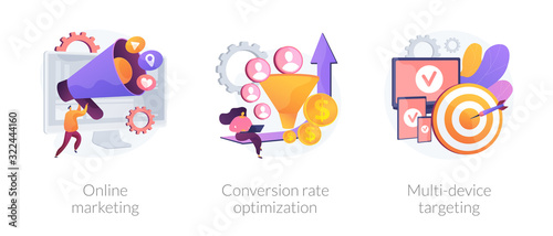 Business development, digital advertisement, internet communication. Online marketing, conversion rate optimization, multi-device targeting metaphors. Vector isolated concept metaphor illustrations.